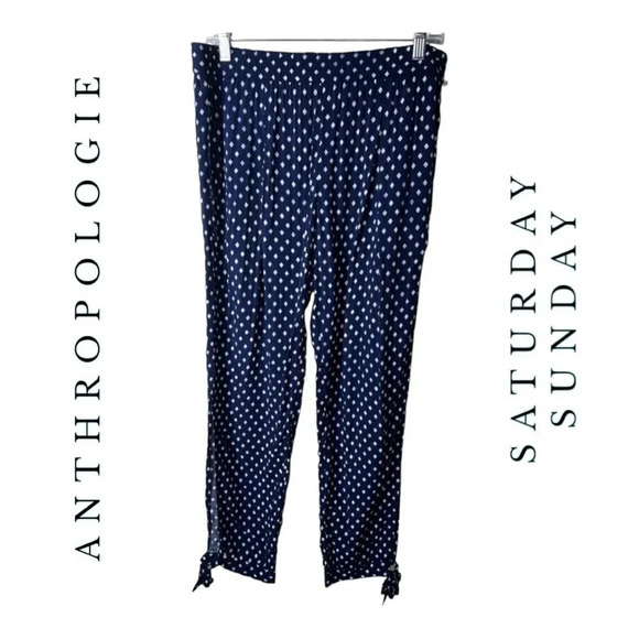 0101W. ANTHROPOLOGIE SATURDAY SUNDAY NAVY BLUE AND WHITE‎ DIAMOND SHAPE PANTS - Picture 1 of 10